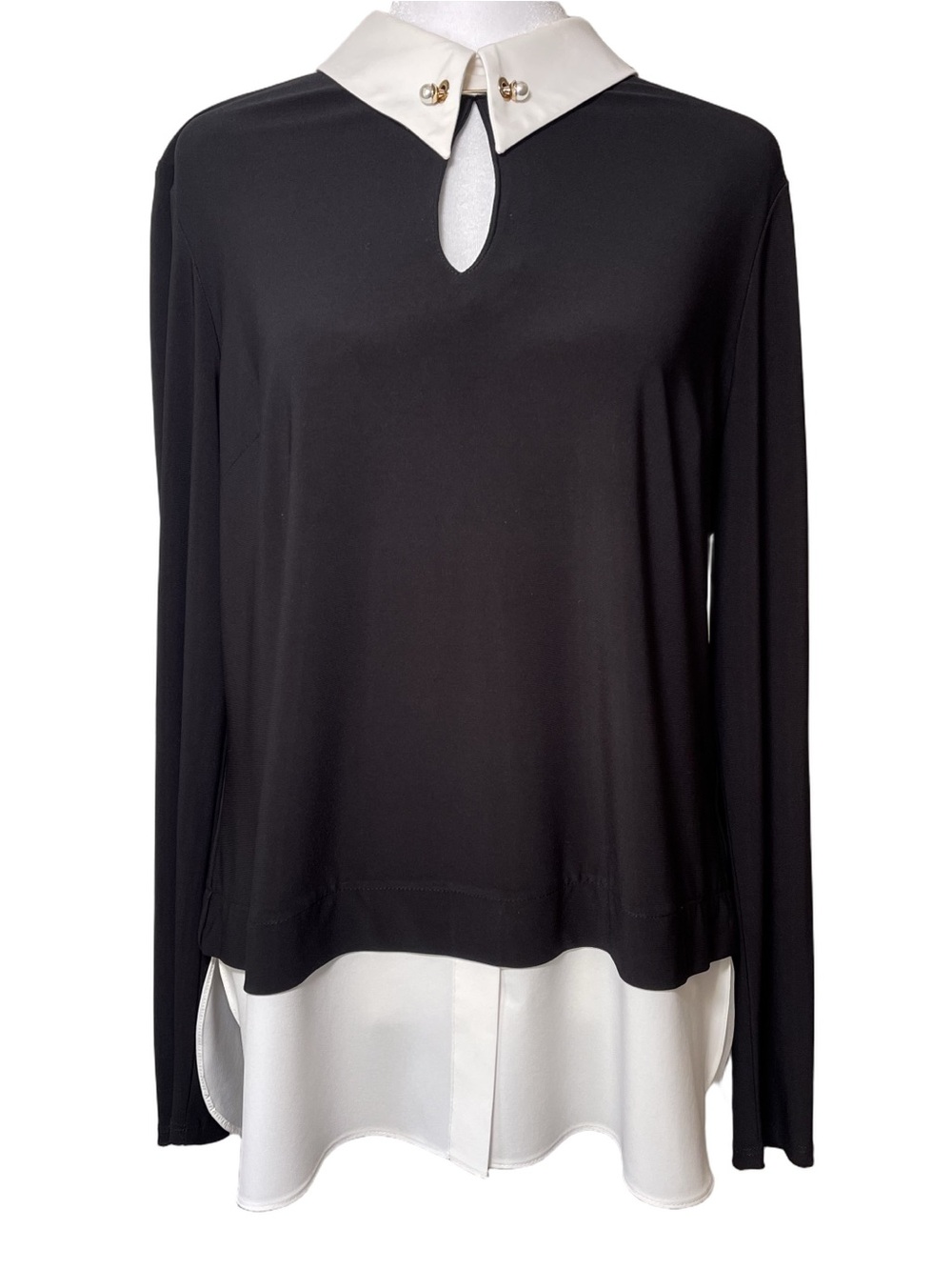 Joseph Ribkoff Layered Long Sleeve Keyhole Collar Blouse Gold Pearl Embellished